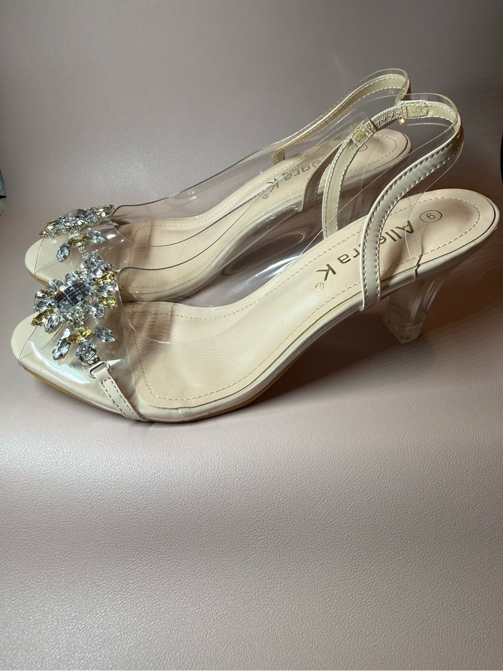 Allegra K Clear Rhinestone Slingback Block Heel Sandals Size 9 💛 - Picture 3 of 10